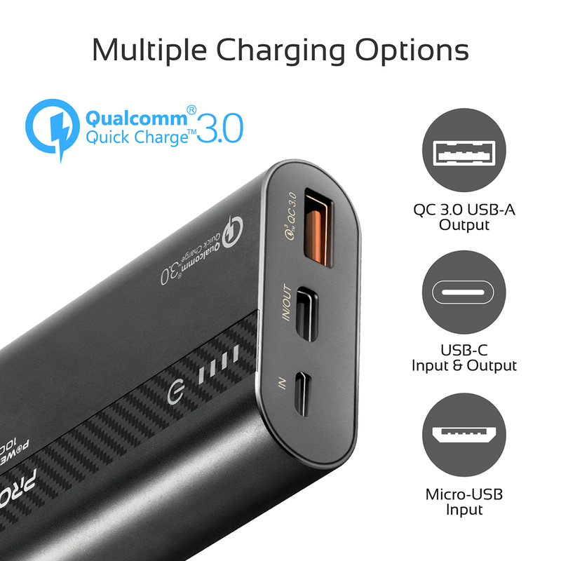 Promate 10000mAh PowerTank-10 USB-C Power Bank, Compact Palm Size 18W USB Type-C Input /Output Power Delivery External Battery Charger with QC 3.0 Port for iPhone XS /XS Max, Samsung S9/S9+, Black